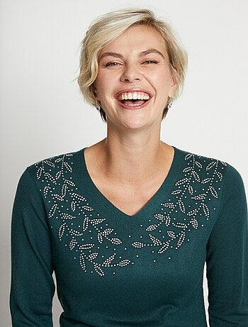 Jersey de manga larga con cuello en V y strass - Afibel