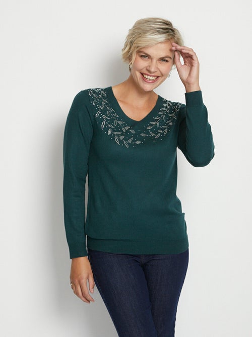 Jersey de manga larga con cuello en V y strass - Afibel - Kiabi