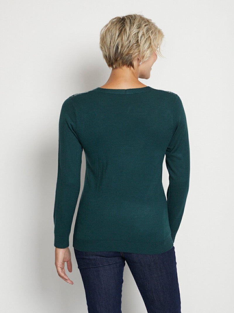Jersey de manga larga con cuello en V y strass - Afibel Verde abeto - Kiabi