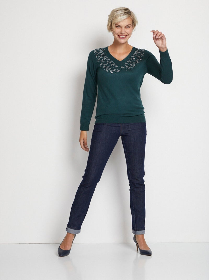 Jersey de manga larga con cuello en V y strass - Afibel Verde abeto - Kiabi