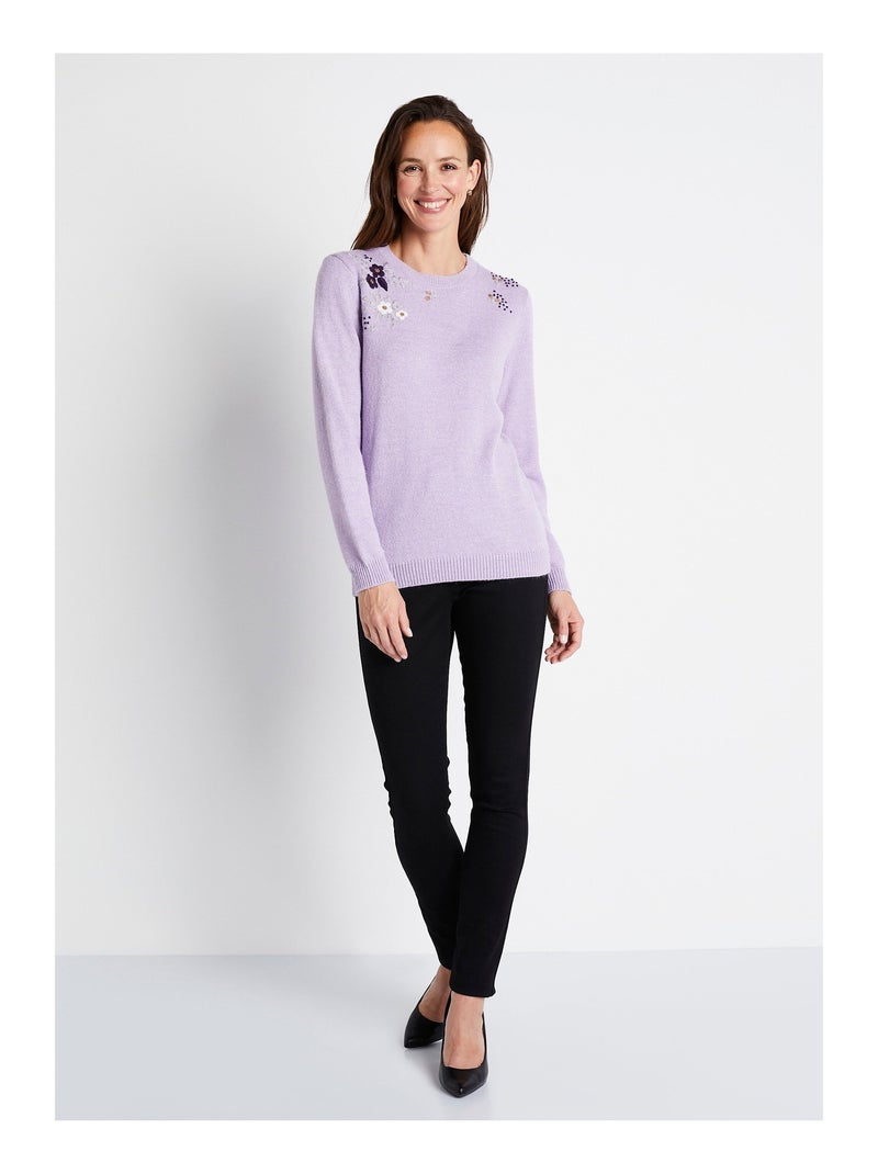 Jersey de manga larga con cuello redondo y bordado liso suave - Afibel Malva lila - Kiabi