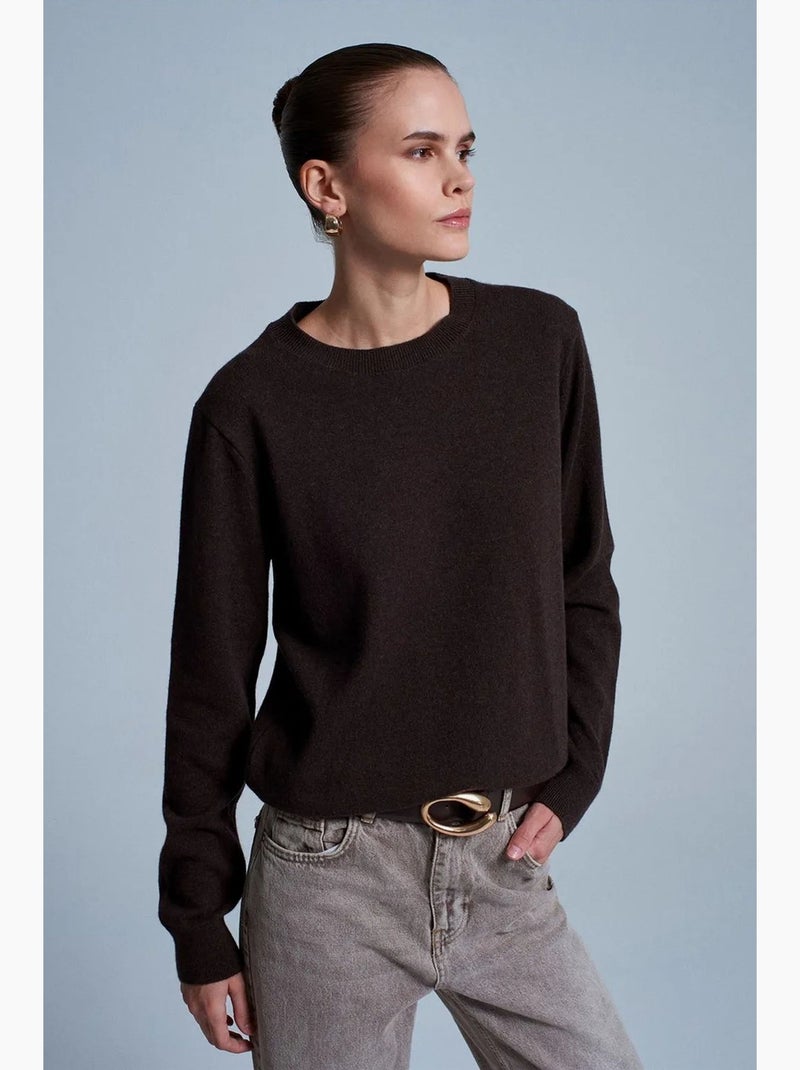 Jersey de mujer de cachemira acanalado con cuello redondo dilvin Marrón chocolate - Kiabi
