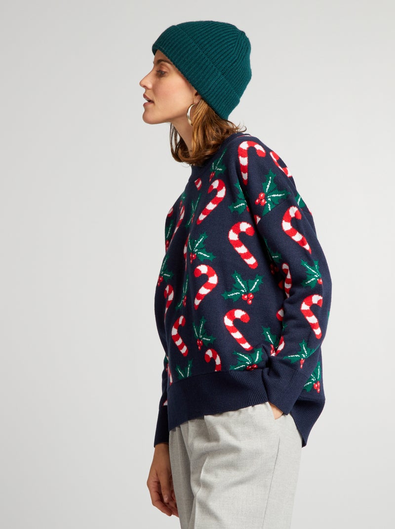 Jersey de Navidad con bastón de azúcar y acebo AZUL - Kiabi