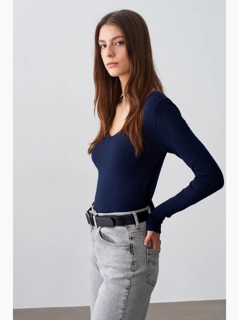 Jersey de punto acanalado de cuello en v slim fit dilvin Azul marino - Kiabi