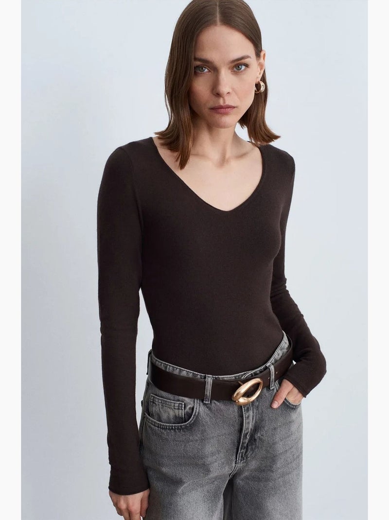 Jersey de punto acanalado de cuello en v slim fit dilvin Marrón chocolate - Kiabi