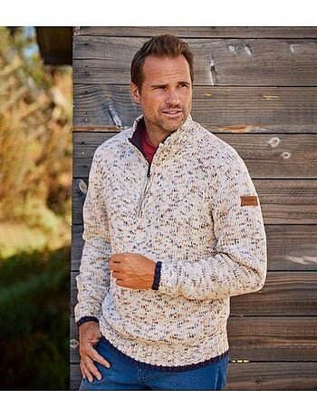 Jersey de punto acrílico jaspeado con cuello camionero con cremallera