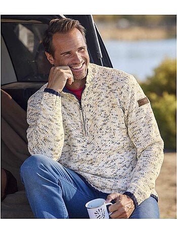 Jersey de punto acrílico jaspeado con cuello camionero con cremallera
