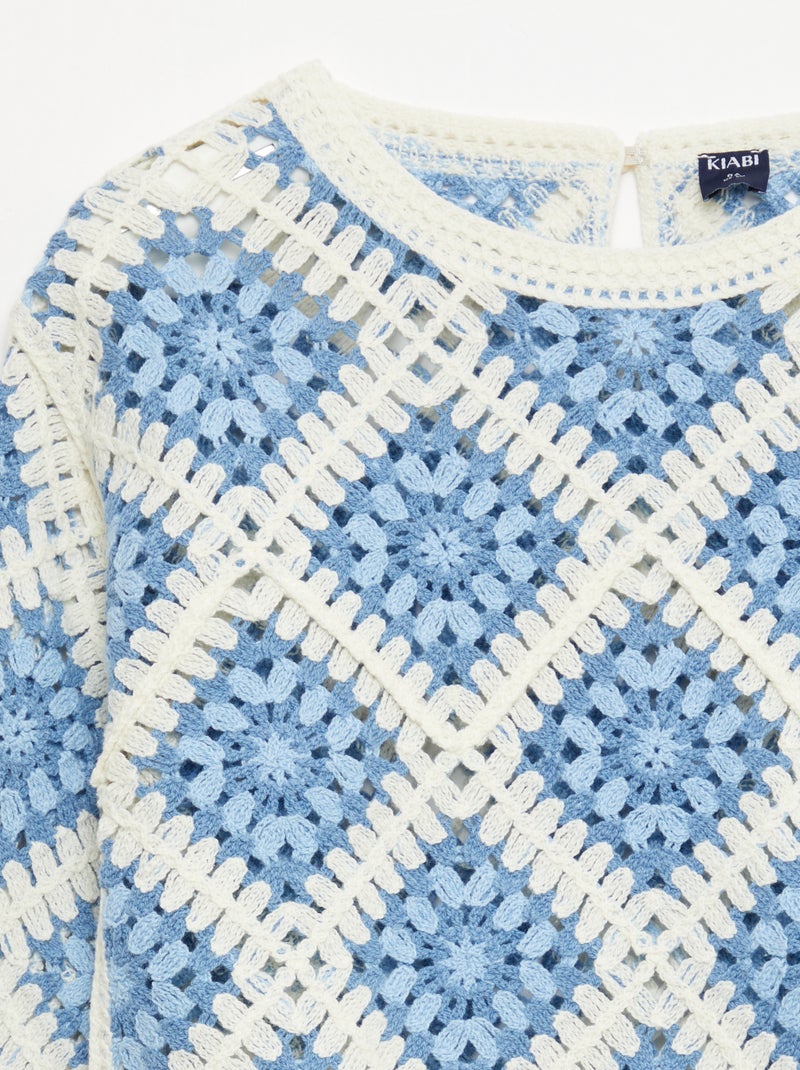 Jersey de punto calado con bordados de flores Azul - Kiabi