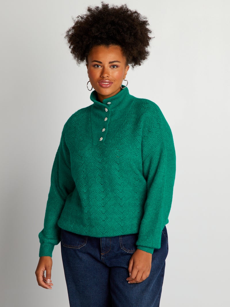 Jersey de punto calado con cremallera en el cuello VERDE - Kiabi