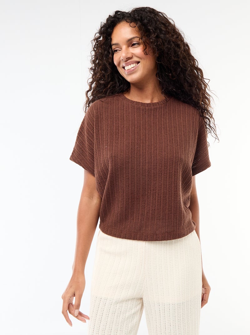Jersey de punto calado con mangas cortas Marron - Kiabi