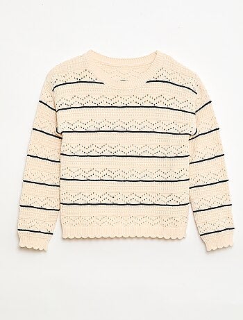 Jersey de punto calado fantasía con cuello redondo en algodón