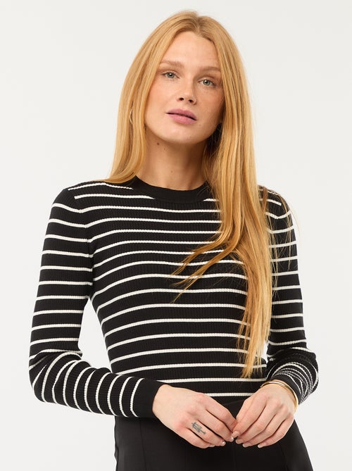 Jersey de punto canalé a rayas con cuello redondo - Kiabi