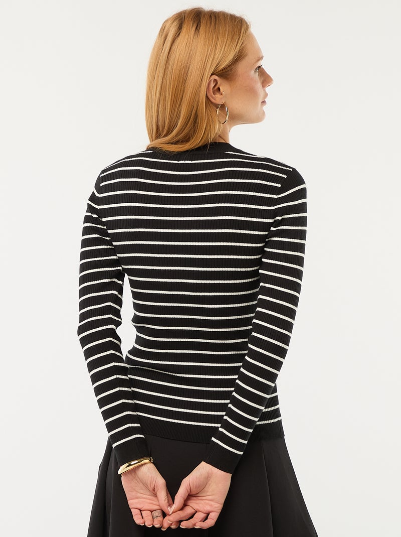 Jersey de punto canalé a rayas con cuello redondo Negro - Kiabi
