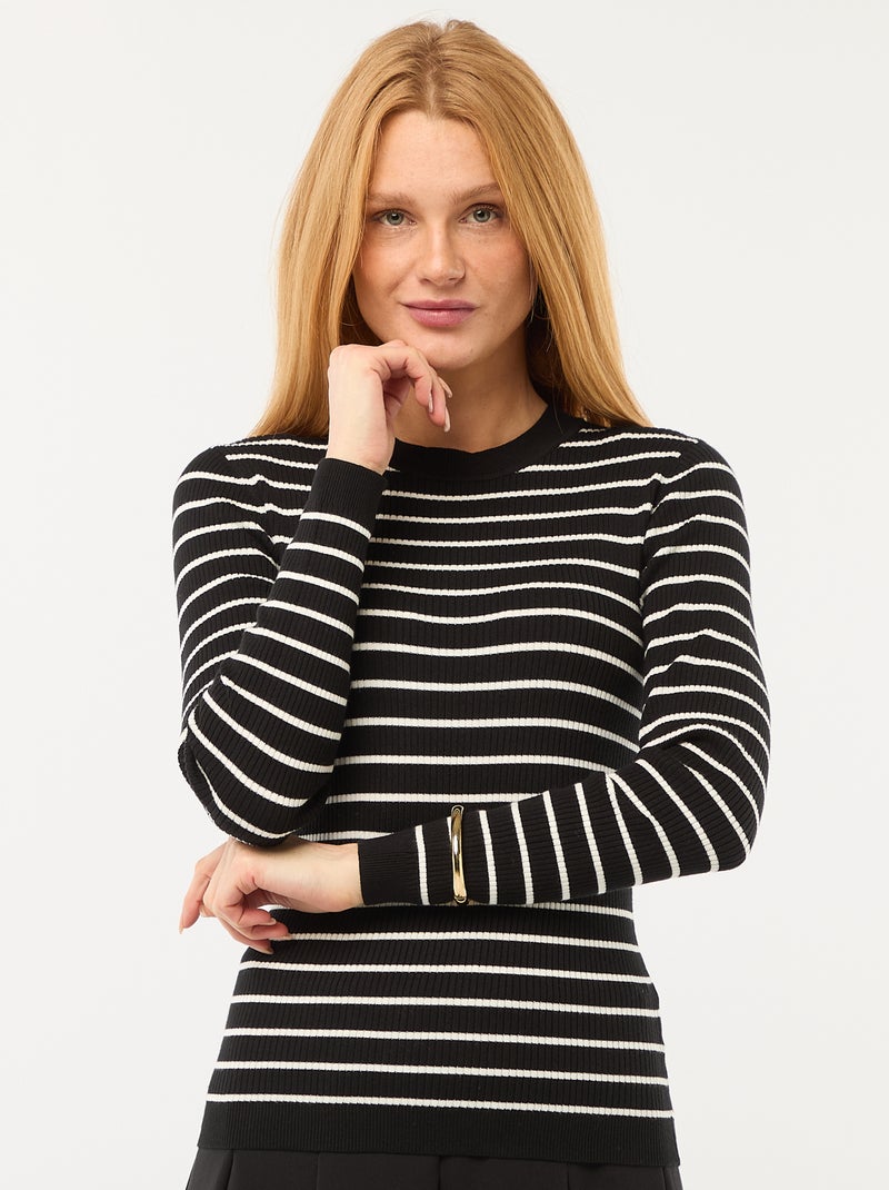 Jersey de punto canalé a rayas con cuello redondo Negro - Kiabi