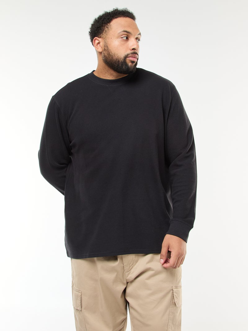 Jersey de punto canalé con cuello redondo Negro - Kiabi