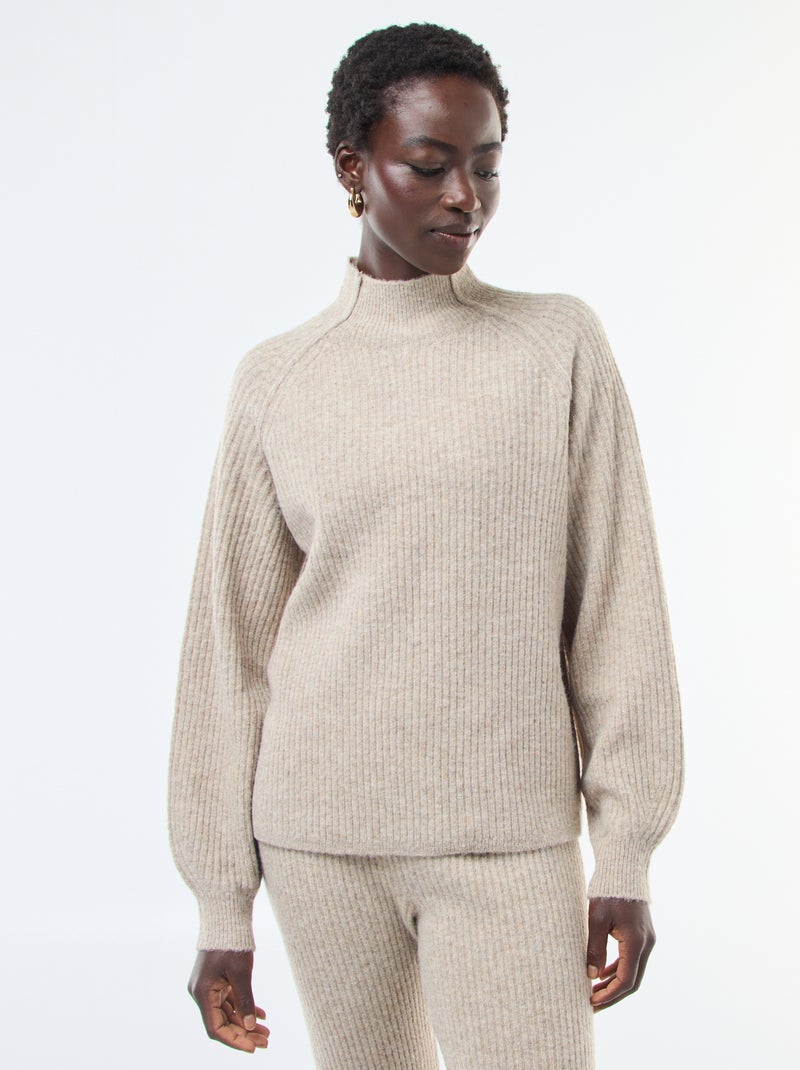 Jersey de punto canalé de manga larga y cuello alto Beige - Kiabi