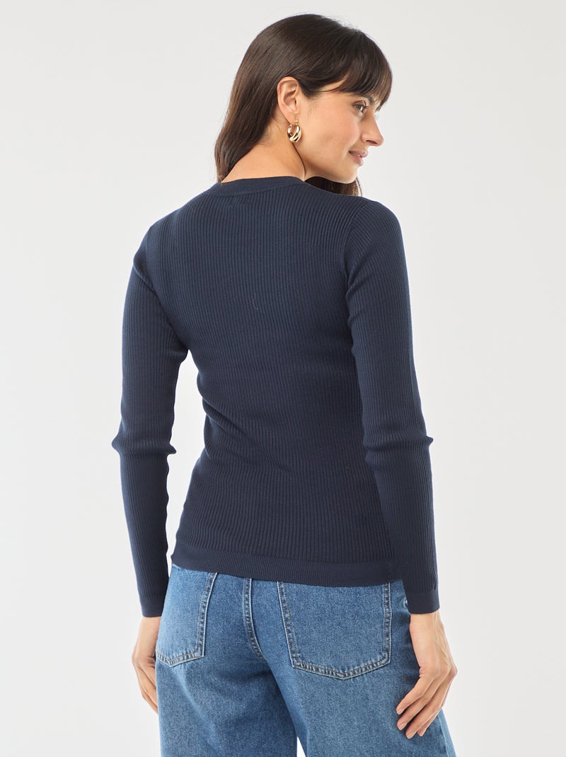 Jersey de punto canalé liso con cuello redondo Azul - Kiabi