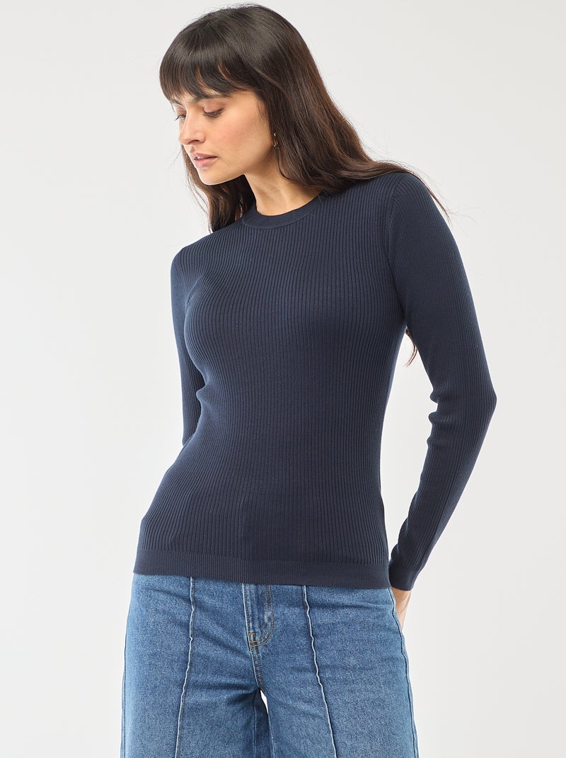 Jersey de punto canalé liso con cuello redondo Azul - Kiabi