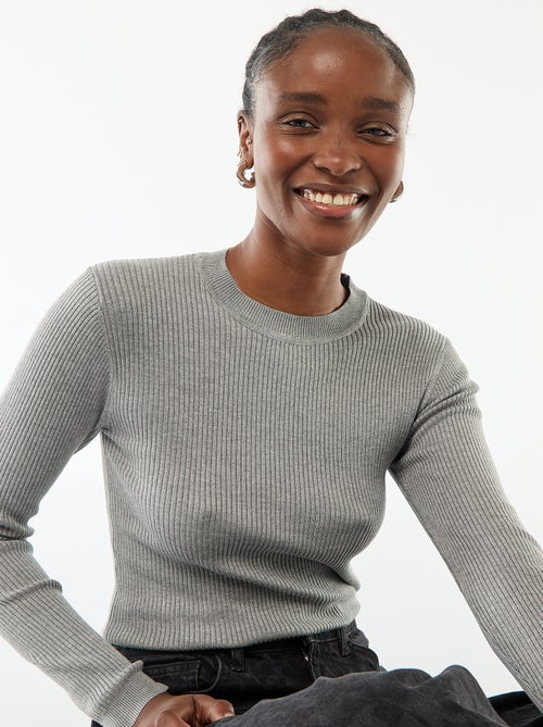 Jersey de punto canalé liso con cuello redondo - Kiabi