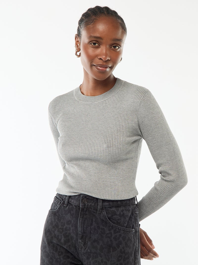 Jersey de punto canalé liso con cuello redondo Gris - Kiabi