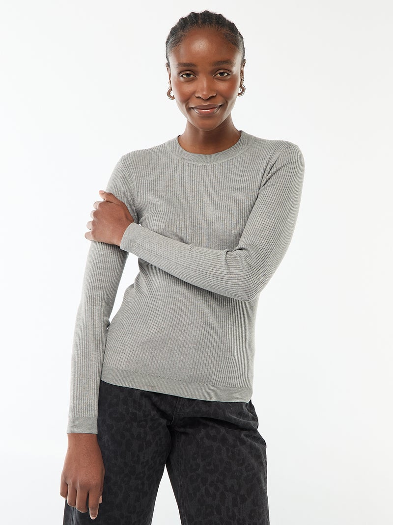 Jersey de punto canalé liso con cuello redondo Gris - Kiabi