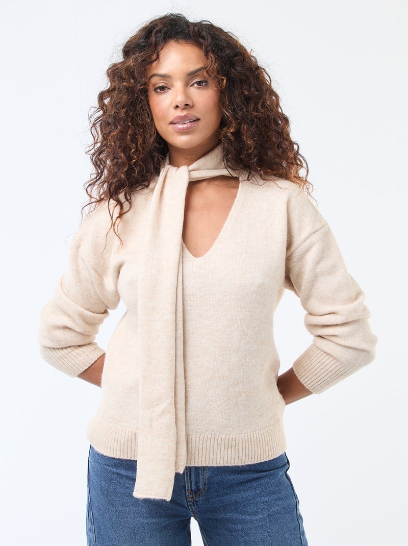 Jersey de punto con bufanda de galga gruesa Beige - Kiabi