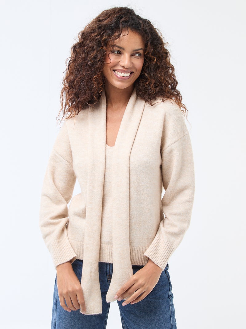 Jersey de punto con bufanda de galga gruesa Beige - Kiabi