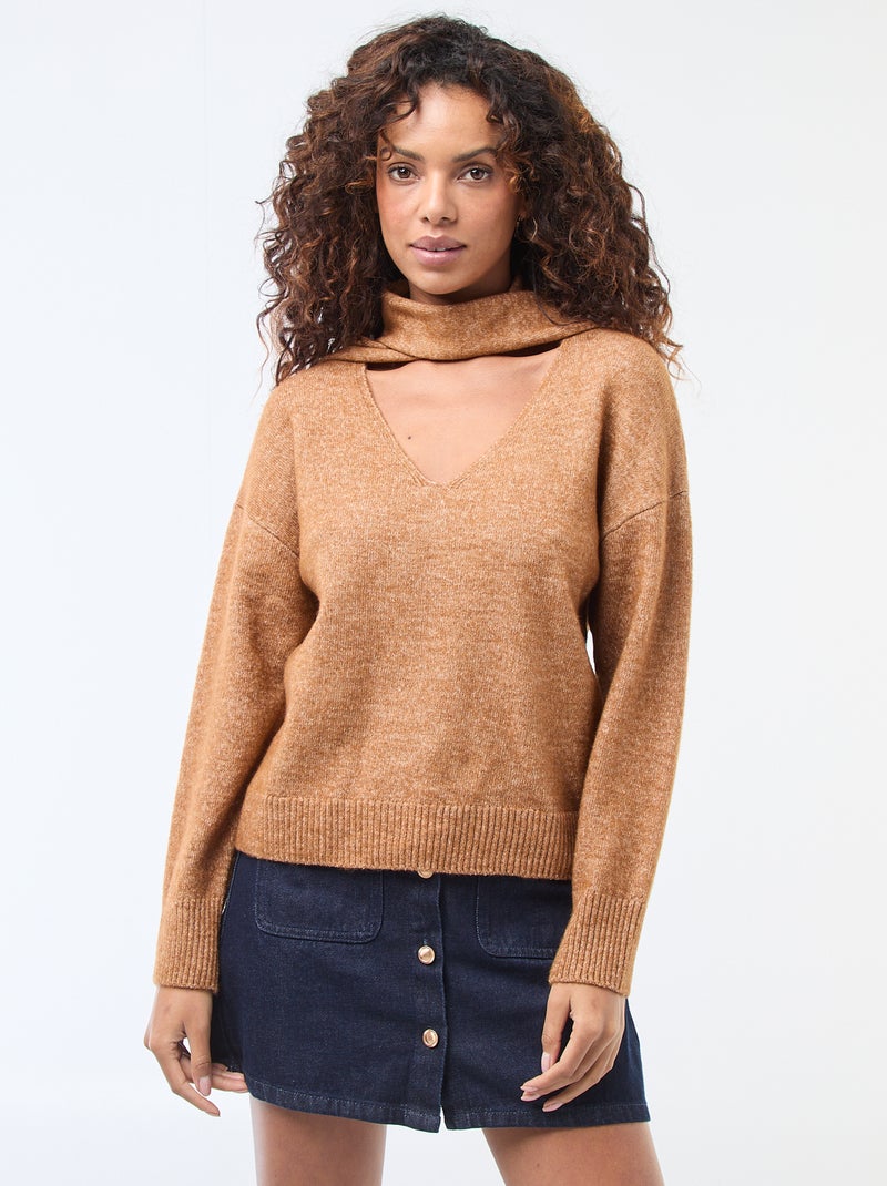 Jersey de punto con bufanda de galga gruesa Marron - Kiabi