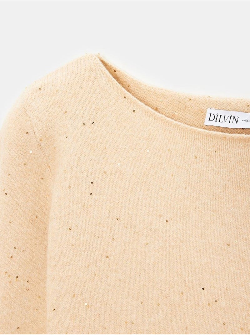 Jersey de punto con cuello barco y lentejuelas Beige natural - Kiabi