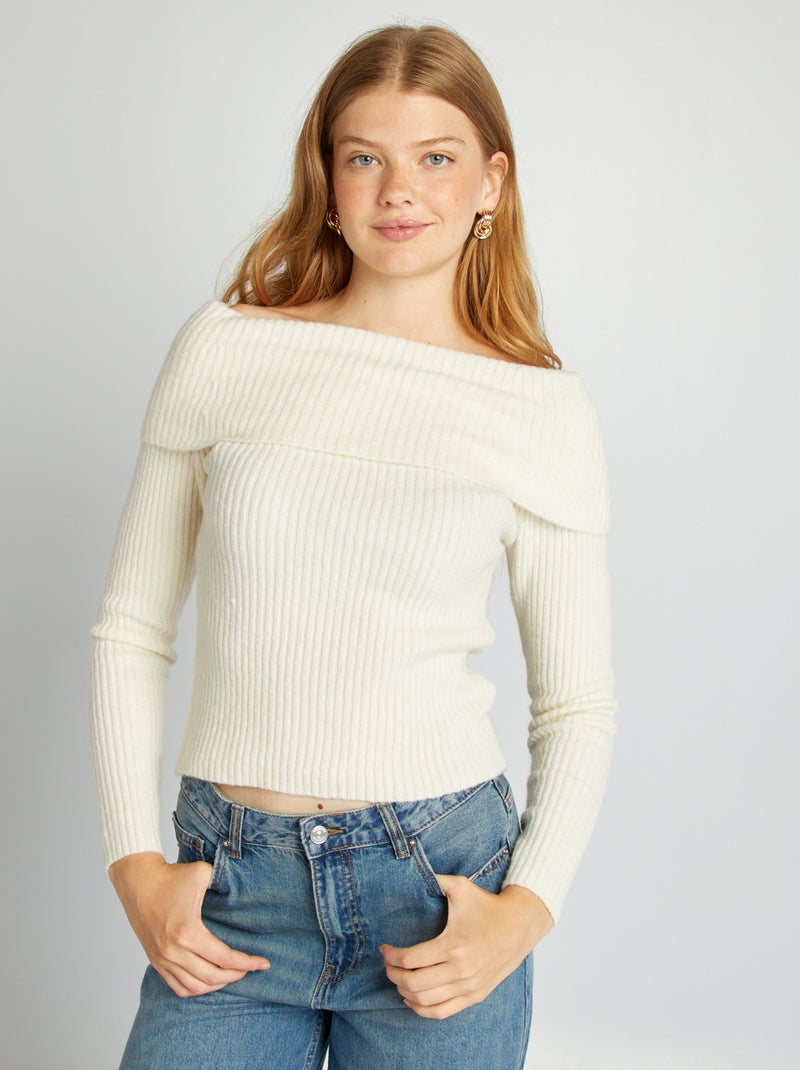 Jersey de punto con cuello bardot beige - Kiabi