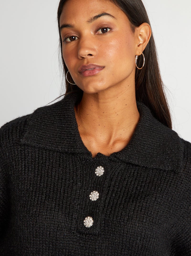 Jersey de punto con cuello de botones negro - Kiabi