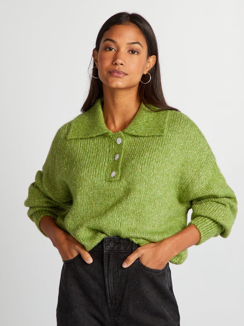 Jersey de punto con cuello de botones VERDE - Kiabi