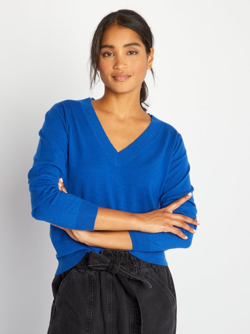 Jersey de punto con cuello de pico azul - Kiabi