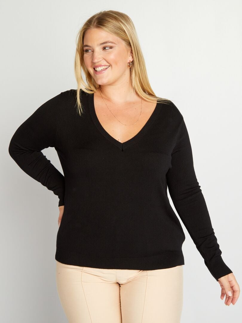 Jersey de punto con cuello de pico Negro - Kiabi