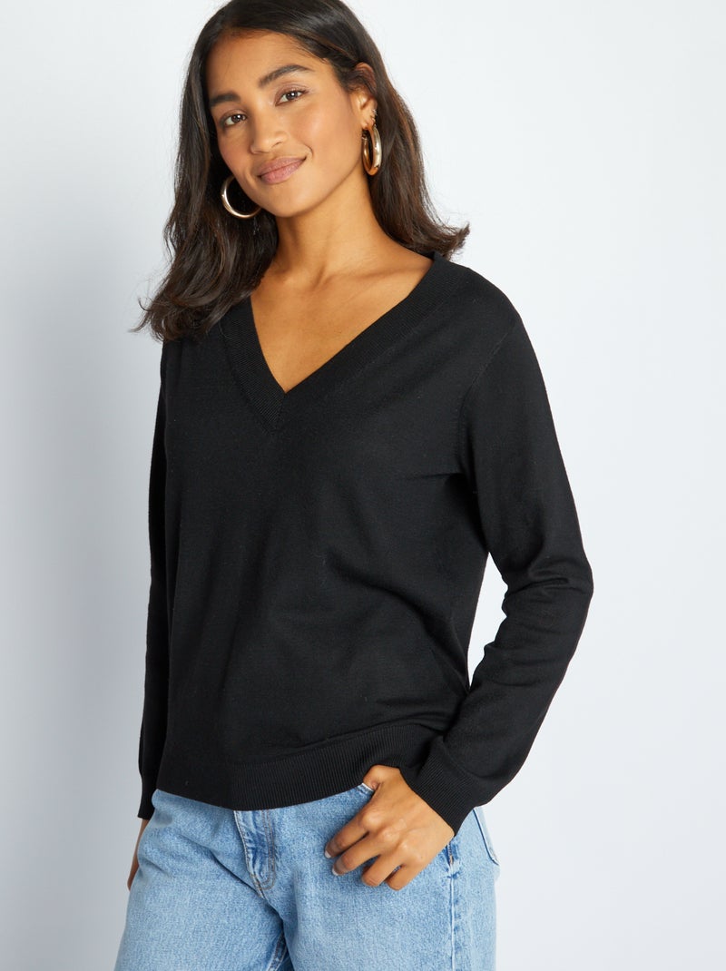 Jersey de punto con cuello de pico negro - Kiabi