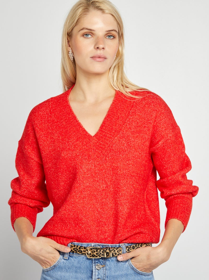 Jersey de punto con cuello de pico rojo - Kiabi
