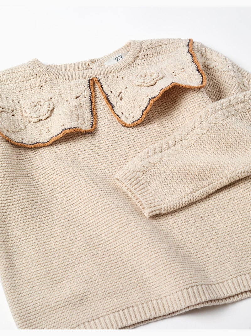 Jersey de punto con cuello maxi de croché B&S Beige claro - Kiabi