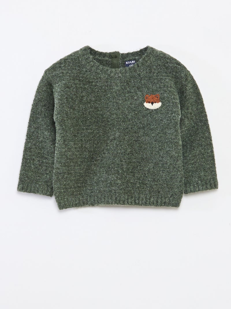 Jersey de punto con cuello redondo y bordados en el pecho Verde - Kiabi