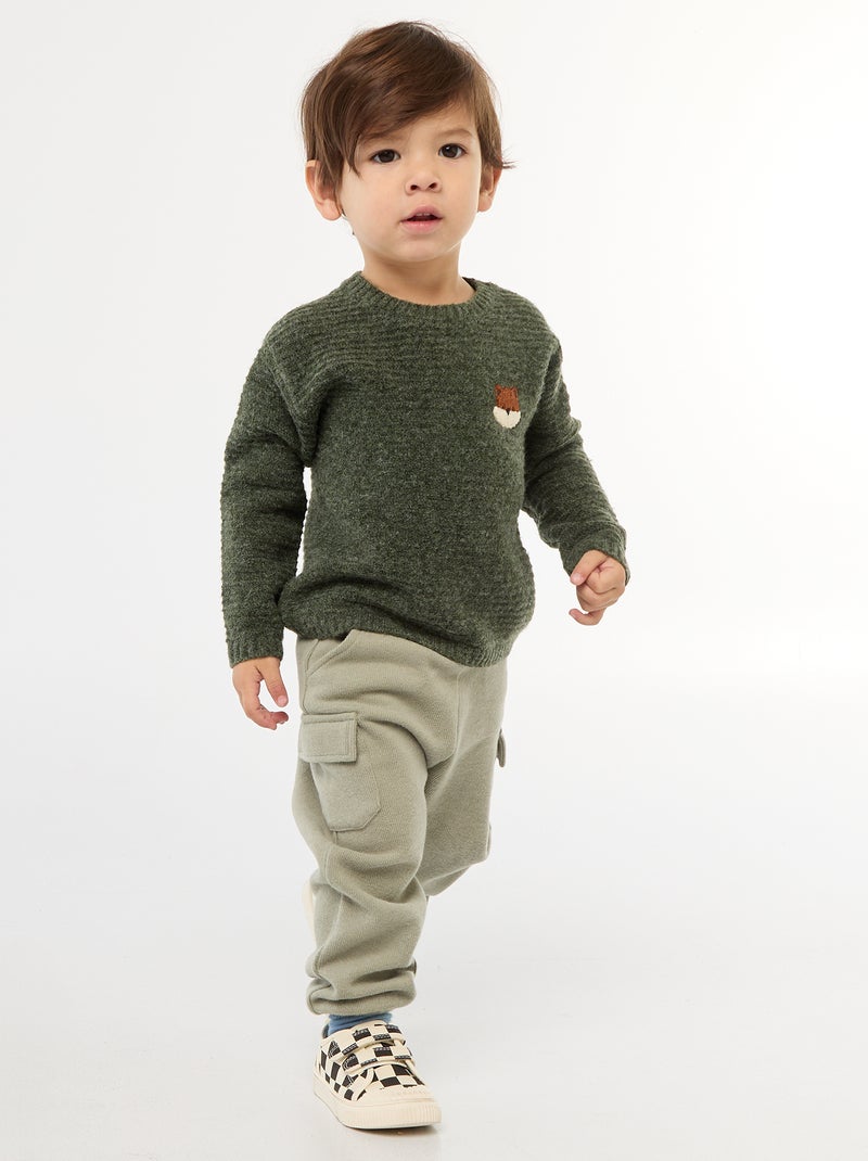 Jersey de punto con cuello redondo y bordados en el pecho Verde - Kiabi