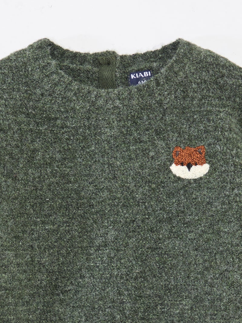 Jersey de punto con cuello redondo y bordados en el pecho Verde - Kiabi