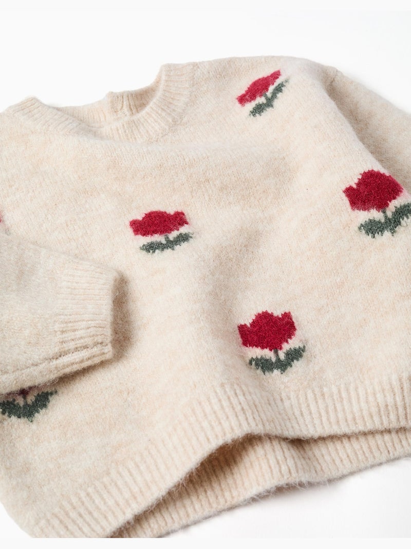 Jersey de punto con flores intarsia Beige claro - Kiabi