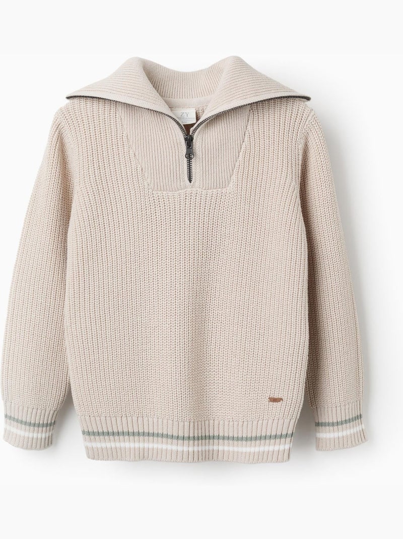 Jersey de punto de algodón con media cremallera B&S Beige - Kiabi
