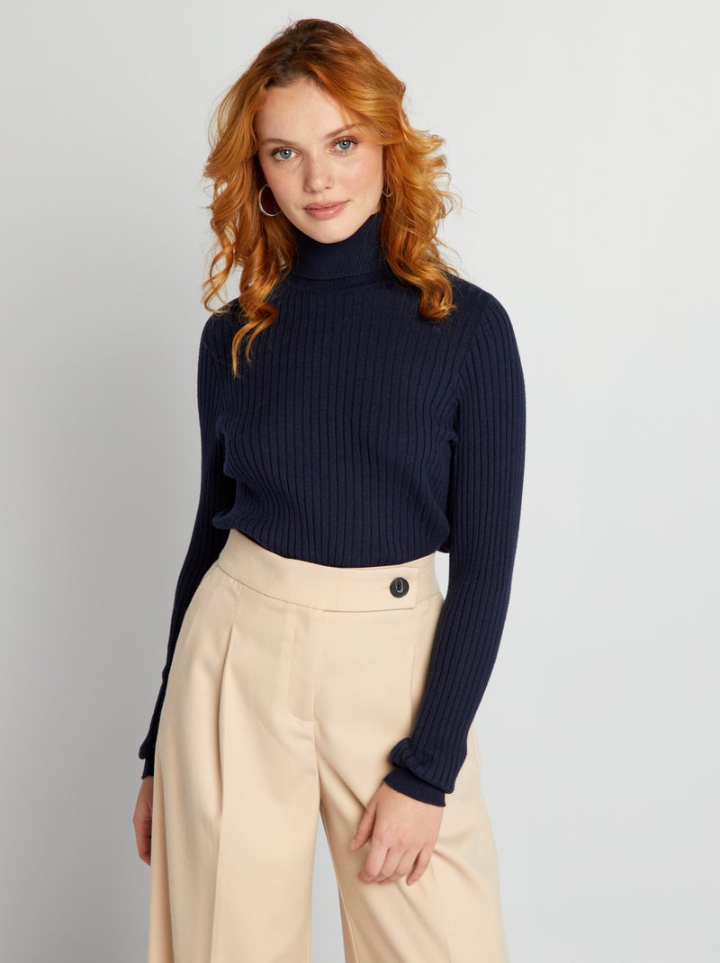 Jersey de punto de canalé con cuello alto AZUL - Kiabi
