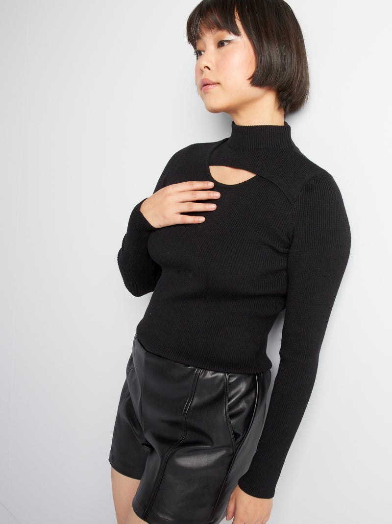 Jersey de punto de canalé con cuello alto negro - Kiabi