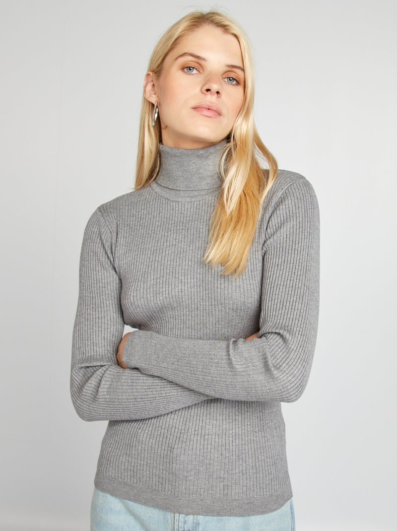 Jersey de punto de canalé de cuello vuelto GRIS - Kiabi