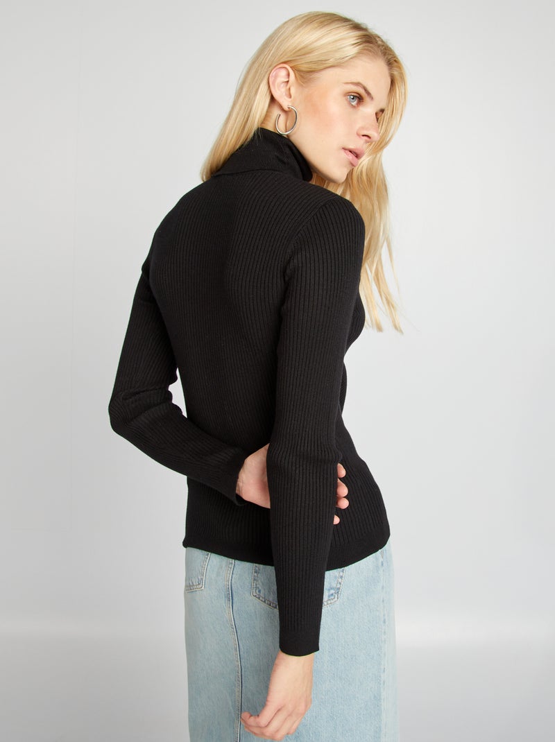 Jersey de punto de canalé de cuello vuelto negro - Kiabi