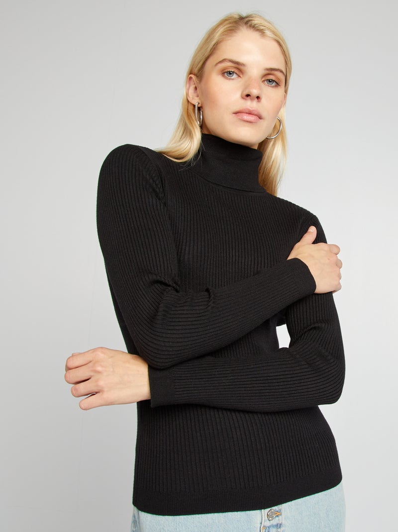 Jersey de punto de canalé de cuello vuelto negro - Kiabi