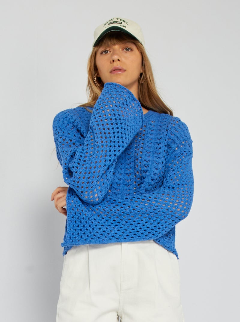 Jersey de punto de croché de manga larga AZUL - Kiabi