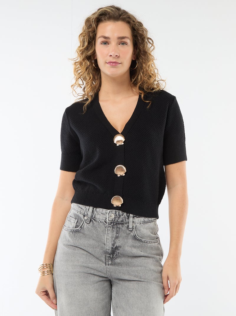 Jersey de punto de manga corta abotonado Negro - Kiabi