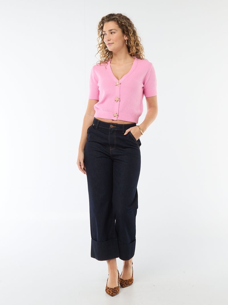 Jersey de punto de manga corta abotonado Rosa - Kiabi